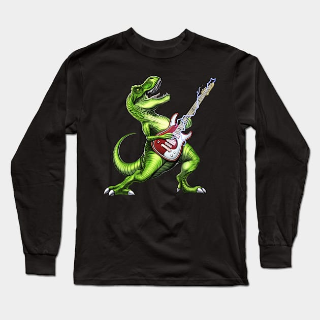 T-Rex Dinosaur Playing Guitar Long Sleeve T-Shirt by underheaven